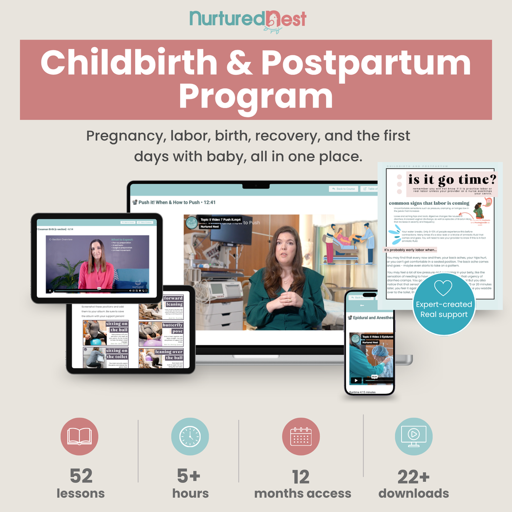 Promotional graphic for the 'Childbirth & Postpartum Program' by Nurtured Nest, showing a digital course interface displayed on a laptop, tablet, and smartphone mockup. The graphic features text highlighting the program's coverage of pregnancy, labor, birth, recovery, and breastfeeding, along with key feature icons indicating 52 lessons, 5+ hours of content, 12 months of access, and 22+ downloads.