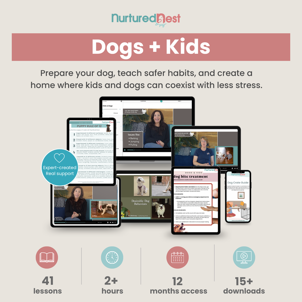 Promotional graphic for a digital course called 'Dog + Kids' by Nurtured Nest. The image shows multiple digital screens (laptop, tablet, phone, and smaller devices) displaying video lessons and educational materials.