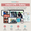 Promotional graphic for the Nurtured Nest Infant CPR + Safety bundle, showing digital mockups of an online course interface on a tablet, laptop, and phone, alongside a first aid kit booklet and a woman demonstrating CPR in a car. Text highlights key covered topics like choking rescue, car seats, and home safety, with feature icons at the bottom indicating 33 lessons, 2.