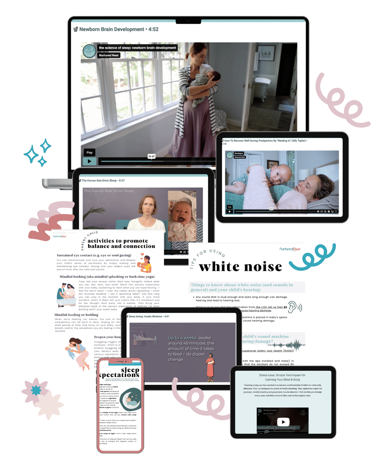 Collage of digital resources from the Baby Sleep Solutions course, featuring video lessons on newborn brain development, tips for using white noise, sleep expectations, and techniques for promoting balance and connection. The image highlights various strategies to help parents improve their baby’s sleep.