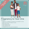 Pregnancy to Year One” with a list of included parenting courses like childbirth, infant feeding, CPR, and sleep guides. A banner says “Start-to-Finish Baby Prep.