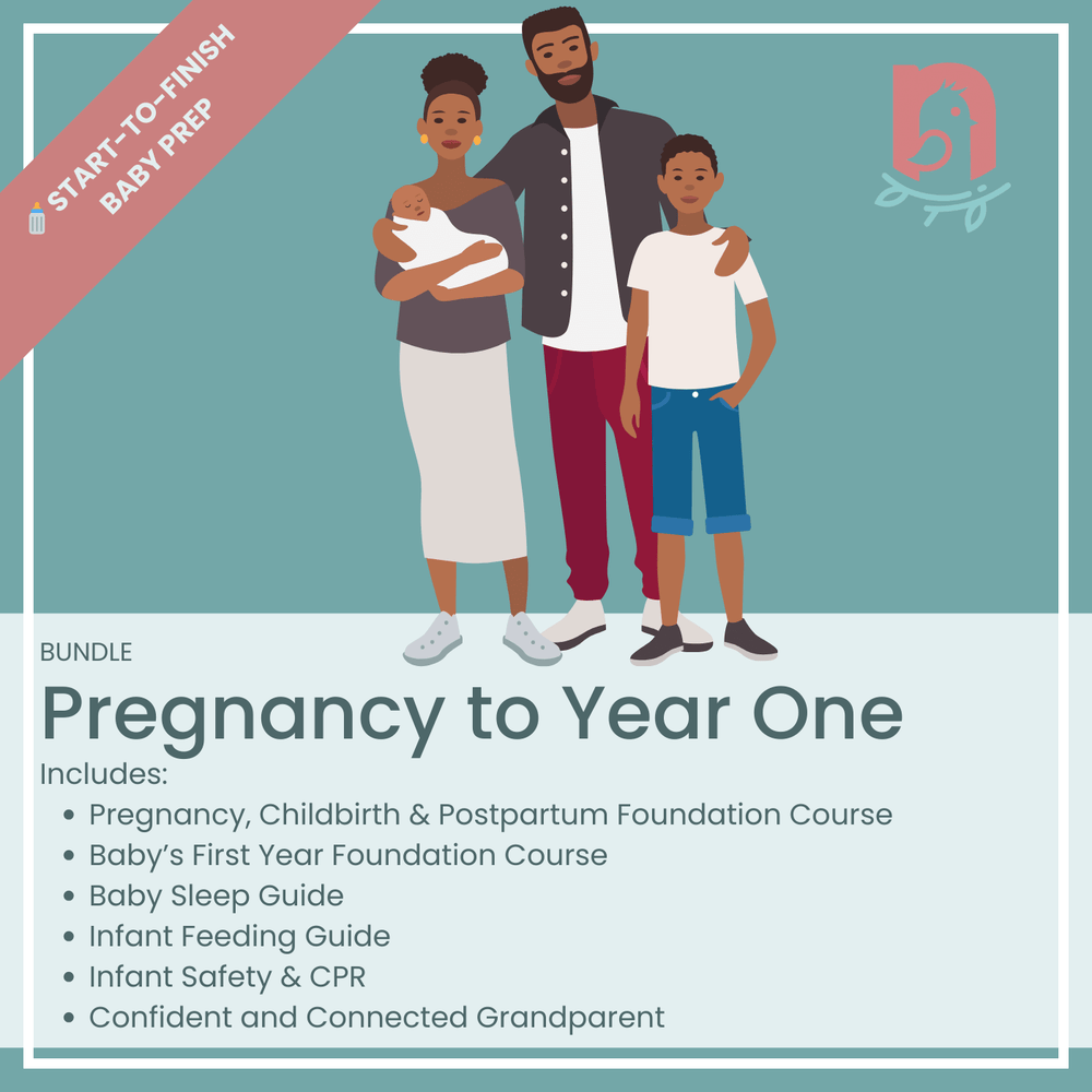 Pregnancy to Year One” with a list of included parenting courses like childbirth, infant feeding, CPR, and sleep guides. A banner says “Start-to-Finish Baby Prep.