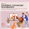 Illustration of a family, including a mother and father with a child, video calling grandparents who are holding their grandchild on screen. The image represents the Confident, Connected Grandparent course, helping grandparents bridge parenting skills with modern practices to stay connected with their grandchildren.