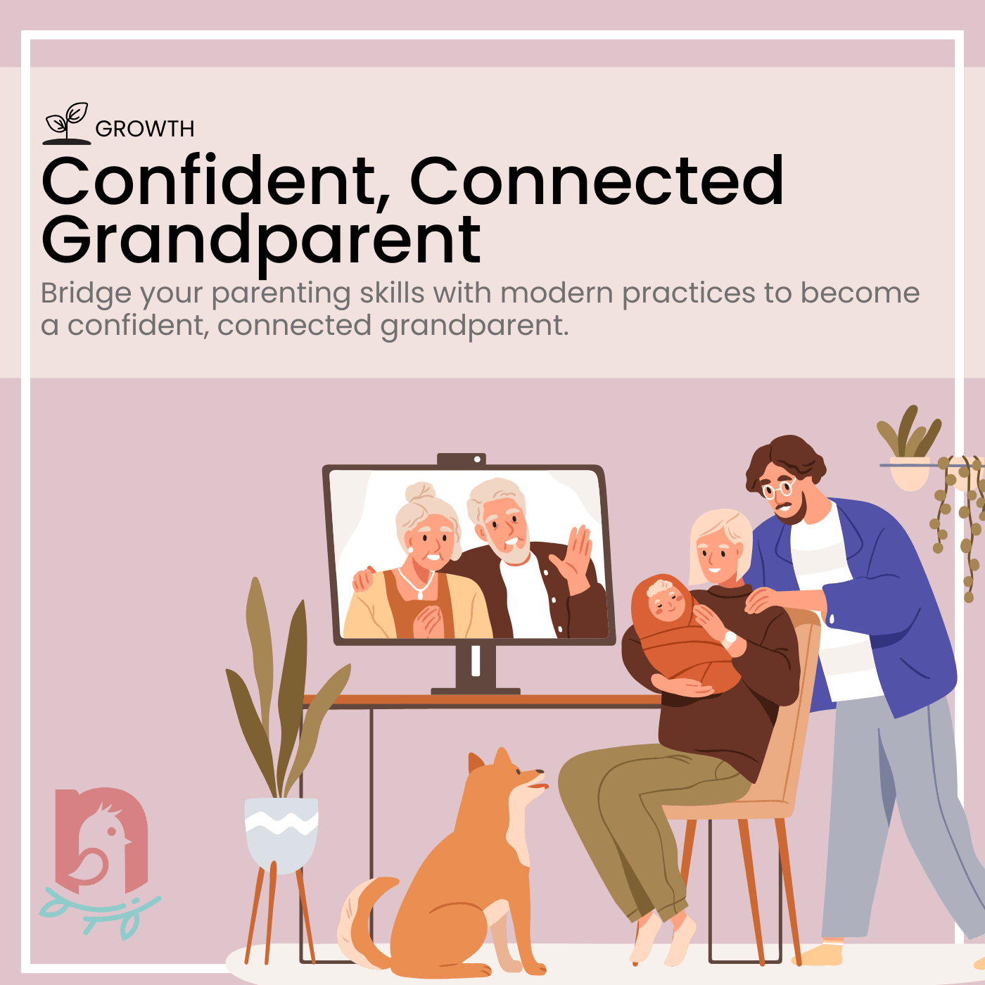 Illustration of a family, including a mother and father with a child, video calling grandparents who are holding their grandchild on screen. The image represents the Confident, Connected Grandparent course, helping grandparents bridge parenting skills with modern practices to stay connected with their grandchildren.