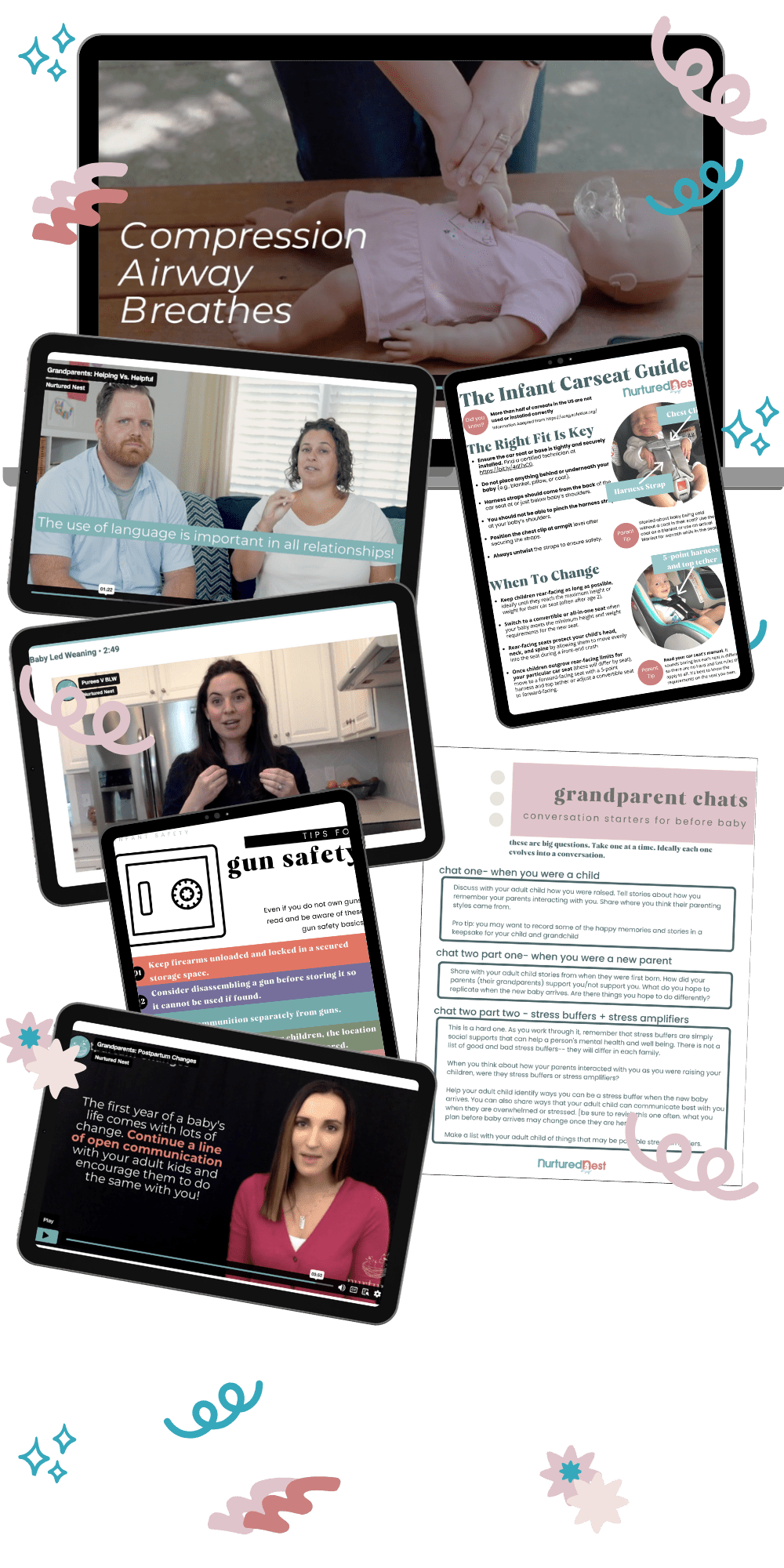 Collage of digital resources from the Confident, Connected Grandparent course, including video lessons on grandparenting, guides on gun safety, and conversation starters for grandparents before the baby arrives. The image highlights various tools to help grandparents engage confidently in their grandchild's life.