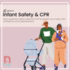 Illustration of parents walking with their baby in a stroller, representing the Infant Safety & CPR course. The image highlights the importance of learning essential safety skills and CPR to ensure the safety and preparedness of parents.