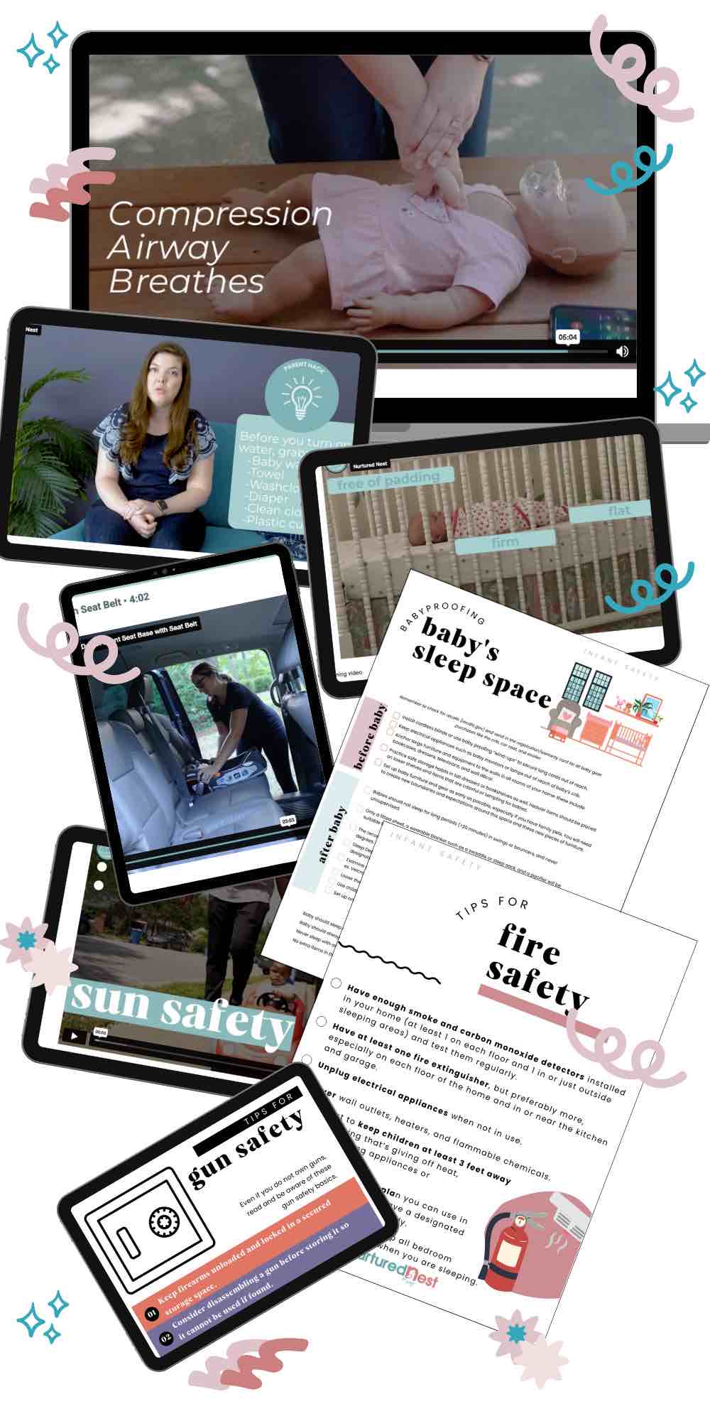 Collage of digital resources from the Infant Safety & CPR course, featuring video lessons on CPR, car seat safety, and baby-proofing tips. The image showcases various safety topics such as sun safety, fire safety, and gun safety to help parents protect their baby.