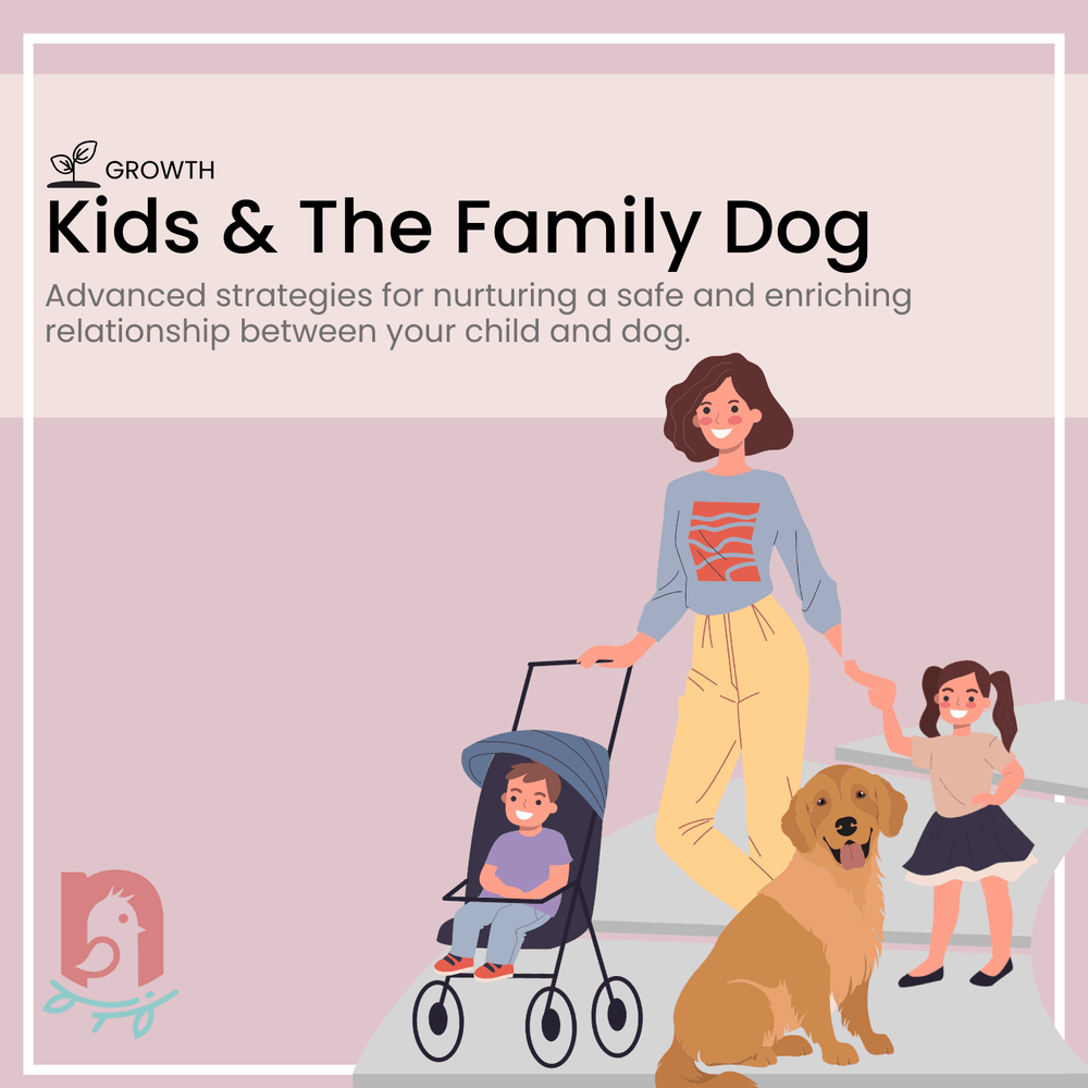 Illustration of a mother with two children, one in a stroller and one standing beside a dog. The image represents the Kids & The Family Dog course, offering strategies to nurture a safe and enriching relationship between children and their family dog.