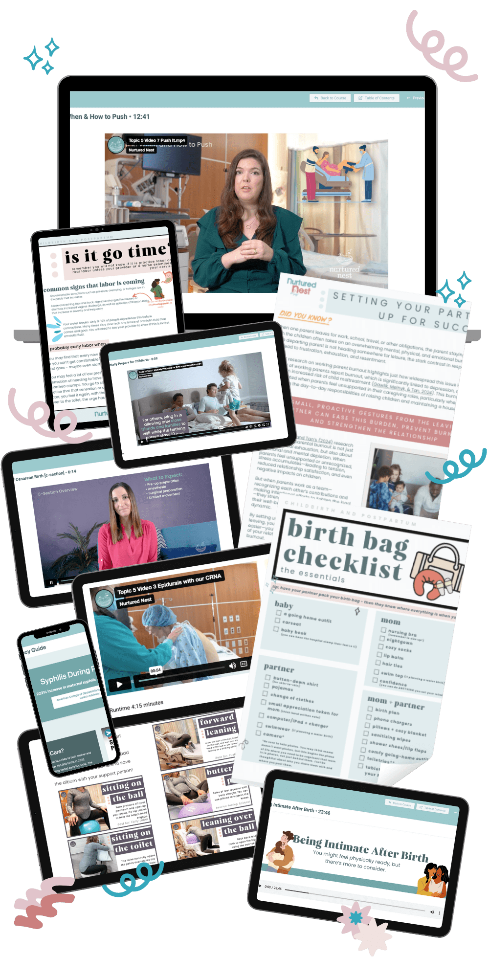 Screenshot of online childbirth class materials, including videos and checklists for parents preparing for labor.
